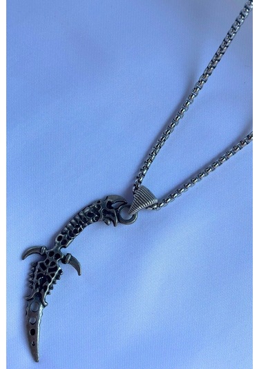 Boynuzlu El İşçiliği Paslanmaz Çelik Zincir Erkek Kolye Gümüş