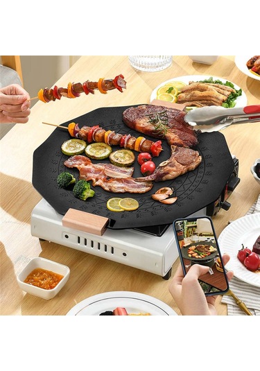 Xurunkeji Açık Hava Taşınabilir Kamp Altıgen Maifan Taş Yapışmaz Dumansız İndüksiyonlu Ocak Gazlı Çift Amaçlı Barbekü Plakası Siyah