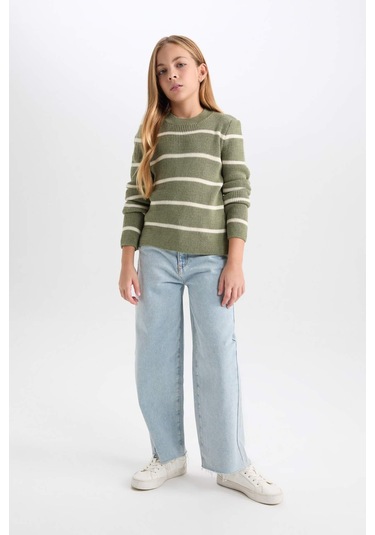 DeFacto Kız Çocuk Fitted Bisiklet Yaka Triko Kazak D1392A824WNKH488 Haki