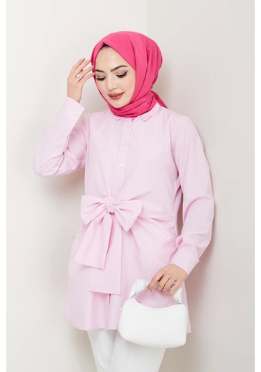 Çizgili Poplin Bağlamalı Gömlek - Pudra / Ü103 Pudra