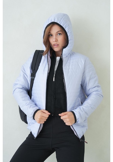 İçi Astarlı Su Ve Rüzgar Geçirmez Cepli Kapüşonlu Kadın Mont Buz Mavisi