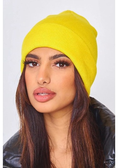 Unisex Kışlık Sarı Katlamalı Bere Sarı