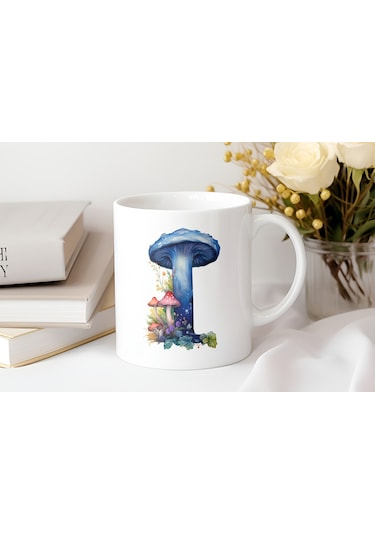 I Baş Harfi Fantastik Mantarlı Kupa Bardak - Kişiye Özel Masalsı Bardak - Hediye Beyaz