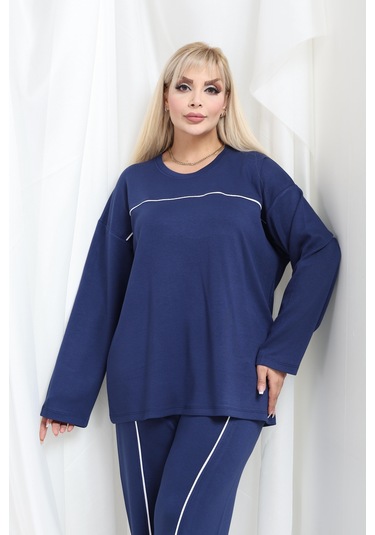 Biyeli Büyük Beden Oysho Tarzı Modal Kumaş Uzun Kollu Biyeli Rahat Günlük Takım Lacivert