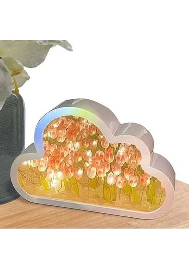 Prestigegoods Bulut Lale Aynalı Gece Lambası - Led Bulut Lale Lambası - Kendin Yap Lale Lambası - Ayna Eşliğinde Pembe