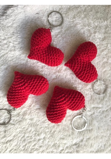 Anahtarlık Örgü Anahtarlık Kalpli El Örgüsü Anahtarlık Kırmızı