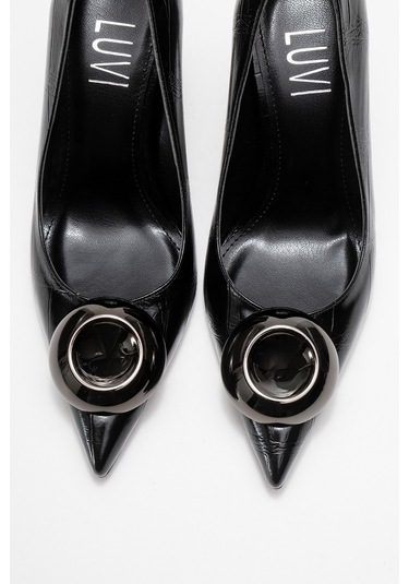 Jordana Siyah Baskı Platin Tokalı Kadın İnce Topuklu Ayakkabı Siyah