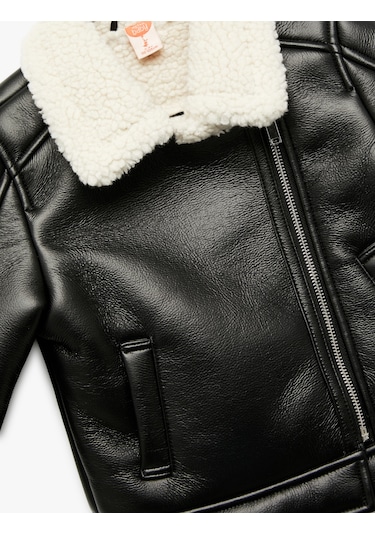 Koton Uzun Kollu Kruvaze Yaka Suni Deri Biker Ceket Siyah 6wmg20017aw Siyah