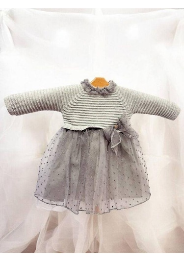 Cantoy Kız Bebek Triko Tüllü Şık Elbise-15380 Gri