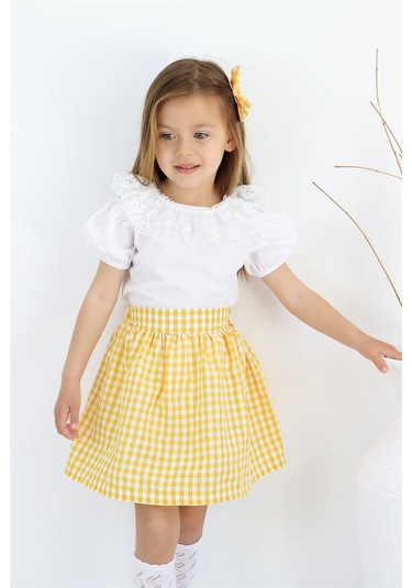 Kız Çocuk Daisy Bisiklet Yaka Dantel Detaylı Kısa Kollu Bluz Ekoseli Etek Toka 3lü Takım Tkm-0189.4 Sarı