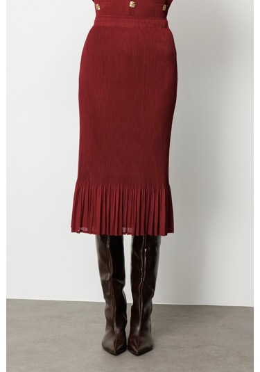 Ekol Kadın Etek Ucu Piliseli Midi Etek 3915 Bordo Bordo
