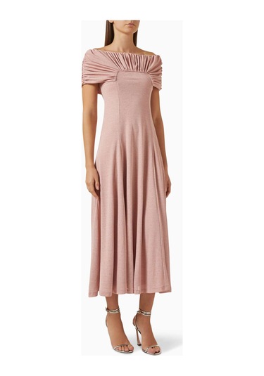 Eegen Studio Rahat Fitli Marrgot Örgü Midi Elbise - Off Shoulder, Şık Ve Çok Yönlü Tasarım Pembe