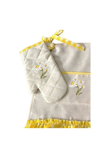Sarı Pötikare Papatya Nakışlı, Fırfırlı, Buldan Keten Fırın Önlüğ