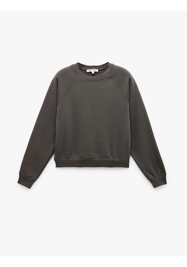 Koton Pamuklu Bisiklet Yaka Şardonlu Sweatshirt Antrasit 6wal10309ık Antrasit