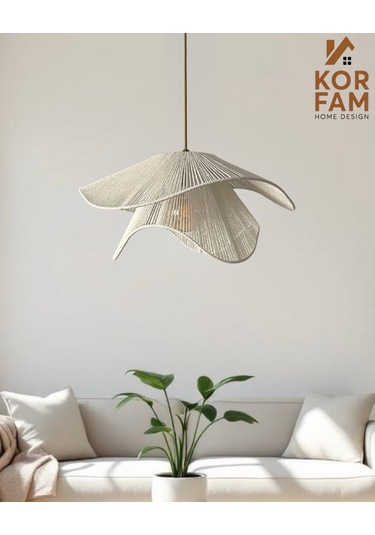 Breeze Modeli - Hasır El Yapımı Bohem Asimetrik Şekilli Rustik Avize - Beyaz Beyaz