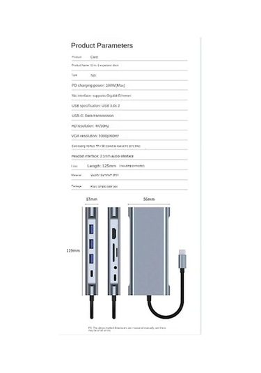 Pl 11'i 1 Arada Usb-c Yuvası, Usb Hub 3.0, Ayırıcı, Çoklu Bağlantı Noktası Adaptörü, 4k Uyumlu, Rj45, Sd/tf, Vga, Pd, Ses
