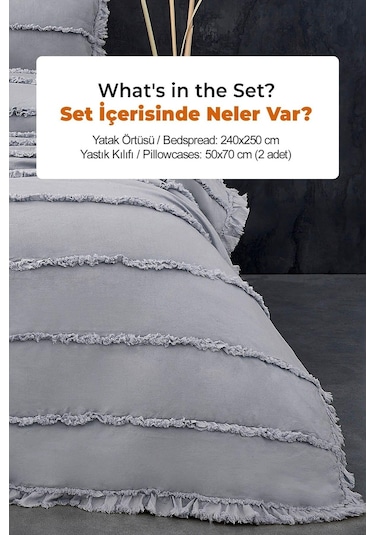 Evlen Home Pamuklu Echos Yatak Örtüsü Takımı Günlük Çift Taraflı Kişilik 3 Parça Dolgulu El İşi Gri
