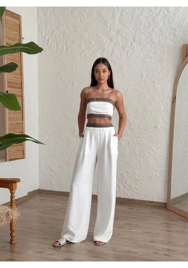 Aztek Motifli Şerit Korse Crop Cepli Lastikli Palazzo Pantolon Modern Etnik Yazlık Boho Keten Takım Beyaz