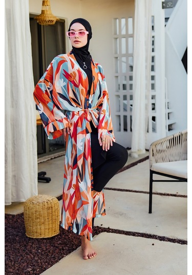 Remsa Tesettür Mayo Üzerine Tek Kaftan Kimono Pareo Turuncu Rp027 Lotus Turuncu