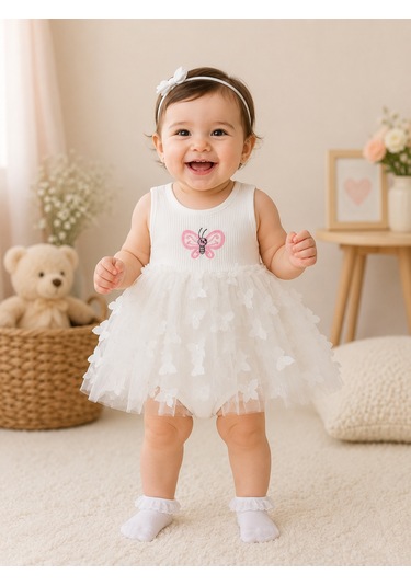 Beniizle Kelebek Nakışlı Kız Bebek Elbise Beyaz