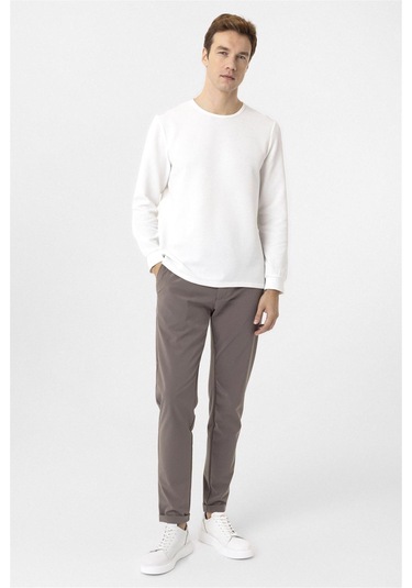 SÜVARİ Beyaz Slim Fit Armürlü Bisiklet Yaka Triko Kazak Beyaz