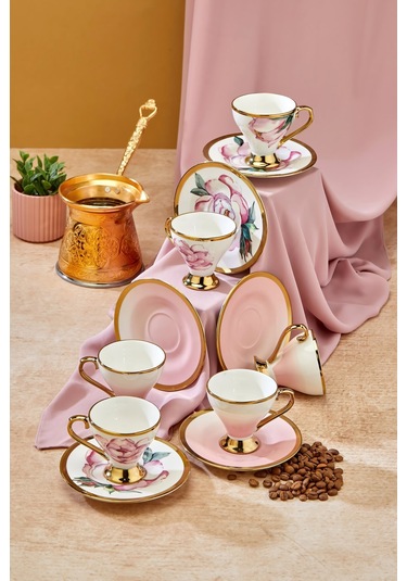 Cooker 6 Lı Lüks Yaldız Porselen Kahve Fincan Takımı Ckr3520 Pembe