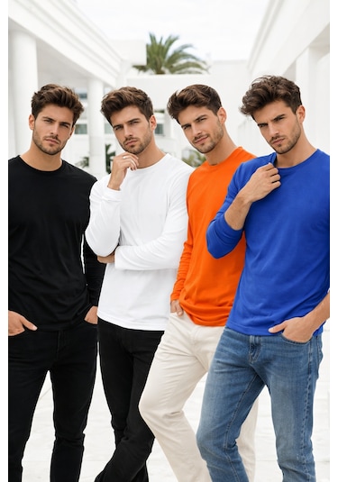 Rich Erkek Siyah-beyaz-turuncu-mavi 4'lü Paket Basic Uzun Kollu Sporcu Body Çok Renkli
