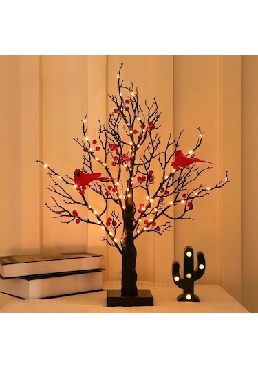 Geeroyoo Led Aydınlatmalı Kırmızı Kuş Ve Meyve Desenli Orman Dekorasyon Lambası - Noel, Yılbaşı, Partiler İçin Isıklı Ambiyans Oluşturucu Tahtaüstü Dekoratif Işık Kırmızı
