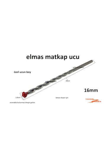 Elmas Matkap Ucu 16mm Beton Duvar Delme Uzun Kalın 20cm