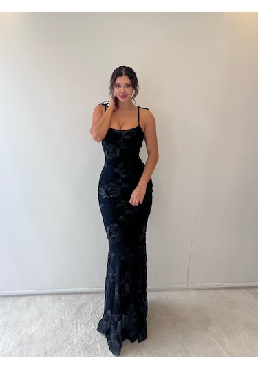 Siyah Siyah Ayarlanabilir Askılı Çiçekli Siyah Siyah