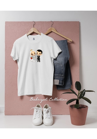 Oversize Groom And Bride Düğün Tasarımlı Unisex T-shirt Beyaz