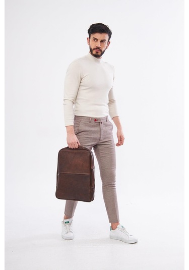 Derinss Dub3050 Hakiki Deri Kahverengi Organizerli Laptop Sırt Çantası 001