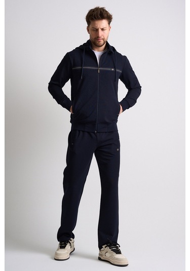 Shooter Sportswear Klasik Antrasit Erkek Eşofman Takımı Çıkartılabilir Kapüşonlu Rahat Kalıp Lacivert