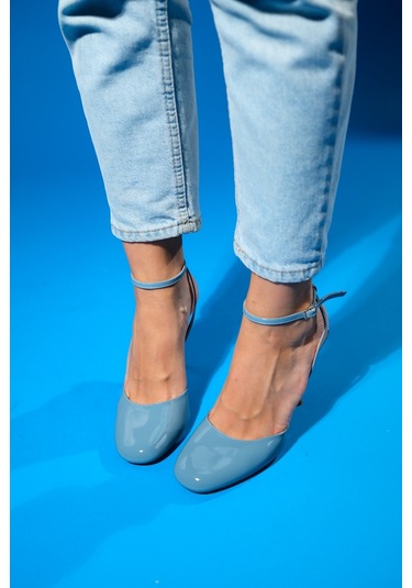 Luvishoes Blues Mavi Rugan Yuvarlak Burun Bilekten Bağlamalı Kadın Yüksek Topuklu Ayakkabı Mavi