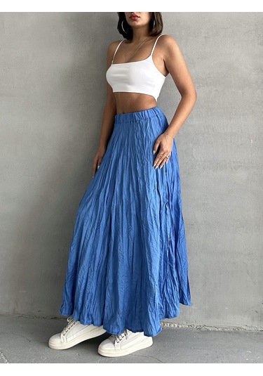 Kadın Buruşuk Modal Dokulu Soft Uzun Etek Mavi