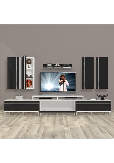 Decoraktiv Ekoflex 8d Mdf Krom Ayaklı Tv Ünitesi Tv Sehpası Beyaz - Siyah