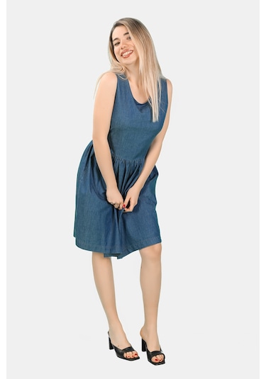 Kolsuz İnce Kot Elbise Mavi