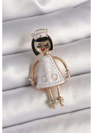 Pirinç Gold Renk Hemşire Model İnci Zirkon Taş Detay Kadın Broş Çok Renkli