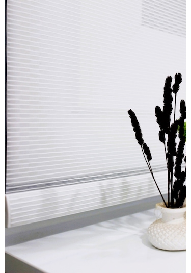 Çift Mekanizmalı Çizgili Tül & Mat Beyaz Stor Perde % 80 Işıgı Ke