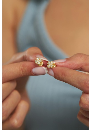 Zirkon Taşlı Gold Yonca Minimal Çivili Gümüş Küpe Gümüş