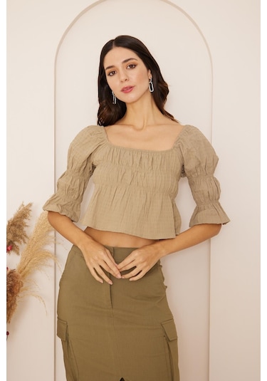 Darlin Moda Haki Büzgülü Crop Bluz Dm7001