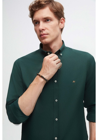 Ds Damat Slim Fit Yeşil Oxford Düğmeli Yaka Kolay Ütülenebilir Nakış Detaylı Pamuklu Gömlek 4HC02ORT03265 Yeşil