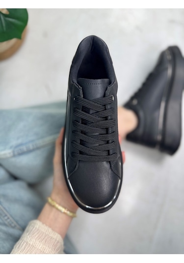 Günlük Kadın Spor Ayakkabı Bağcıklı Hafif Kalın Yüksek Taban Yürüyüş Sneaker 2135 Siyah