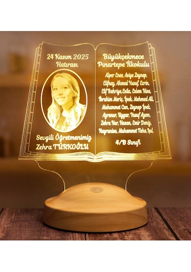 Öğretmene Özel Fotoğraflı 3D LED Lamba - Kitap Şeklinde Kişiye Özel, Mezuniyet Hatırası ve Öğretmenler Günü Hediyesi