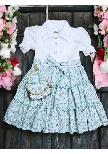 Çantalı Çiçekli Kız Çocuk Elbise Yeşil