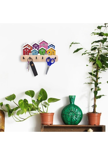 Cajuart Yanyana Renkli Evler Ahşap Dekoratif Duvar Askısı Anahtarlık Modern Dekor