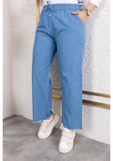 Beli Lastikli Keten Pantolon - Açık Mavi / A0104 Açık Mavi