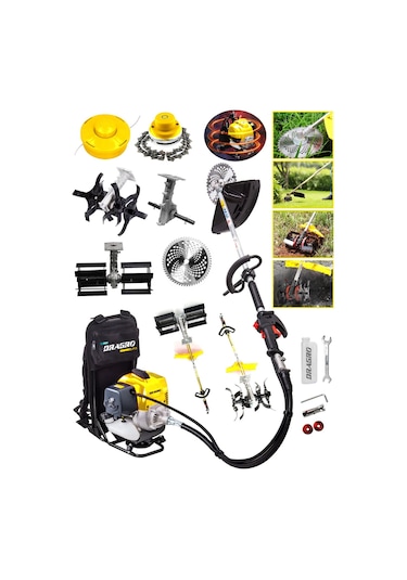 Dragro Alman DRG-SRT20 20 HP S Sırt Tipi Benzinli Motorlu Ot Çalı Tırpanı Çim Biçme Makinesi 2 Çapalı Bahçe Seti