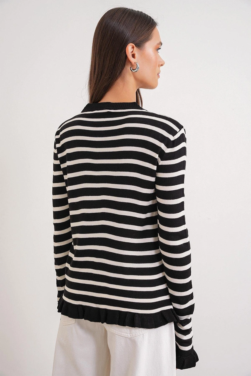 6965 Kadın Fırfır Detaylı Çizgili Triko Hırka Siyah Siyah