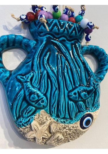 El Yapımı Nazar Boncuğu, Duvar Dekorasyon Ürünü, Seramik, El İşçiliği, Turkuaz Renkte Saksı Desenli -